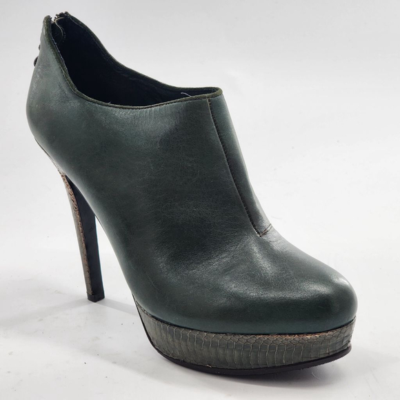 HOUSE OF HARLOW 1960 Natalie Low Boot in Green Leather With Snakeskin Heel - Picture 3 of 8